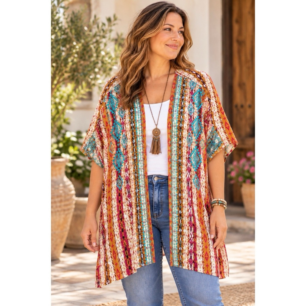 NEW Savanna Jane 2X/3X Boho Kimono Cardigan Aztec Embroidered Southwestern